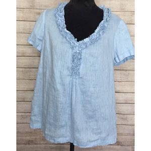 Talbots Light Blue Linen Ruffle Blouse